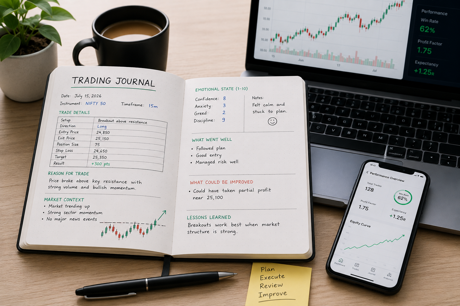Trading journal with charts and notes