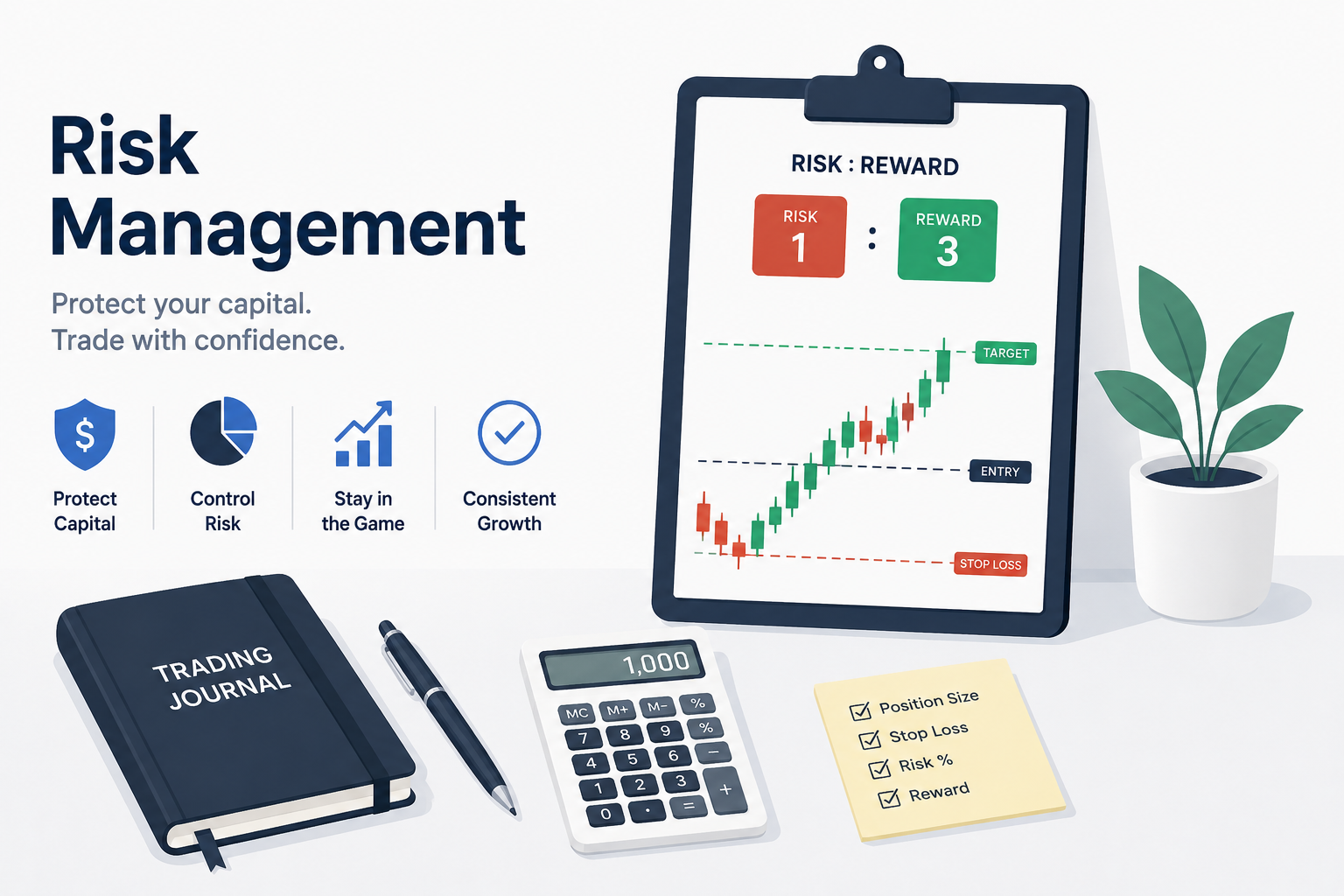 Trading risk management concept with charts and calculator